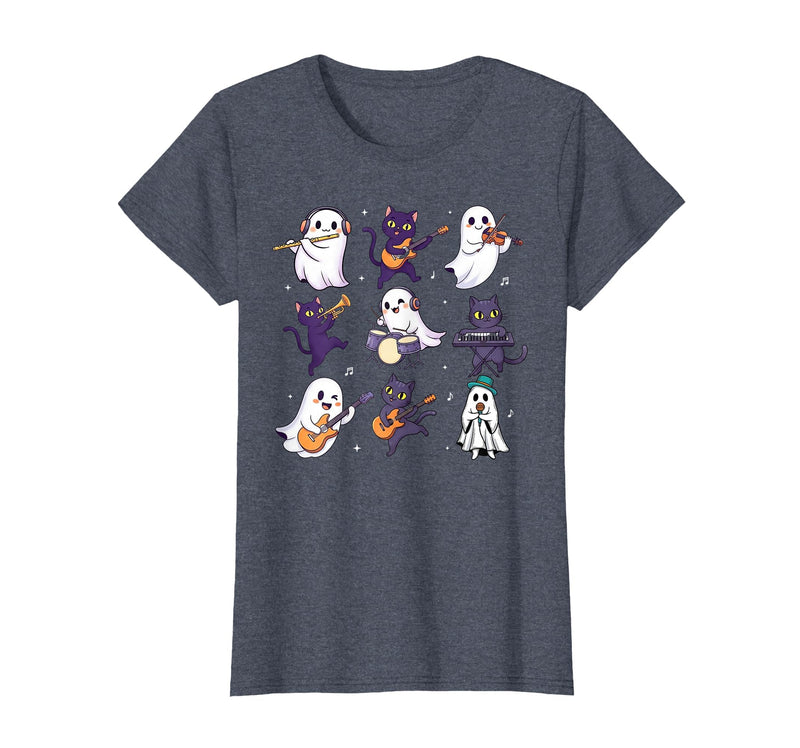 Halloween Music Teacher Ghost Music Lover Cute Ghost Cat Playing Musical Halloween Music Teacher T-Shirt - Heather Blue