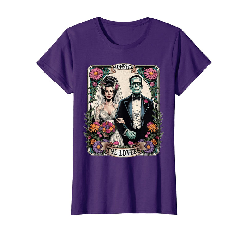 The Lovers Tarot Card Spooky Halloween Women Men The Monster Frankenstein and Bride The Lovers Tarot Card T-Shirt - Purple