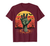Creepy Undead Zombie Hand Retro Sunset Scary Zombie Hand Retro Sunset Halloween Horror Tee T-Shirt - Burgundy