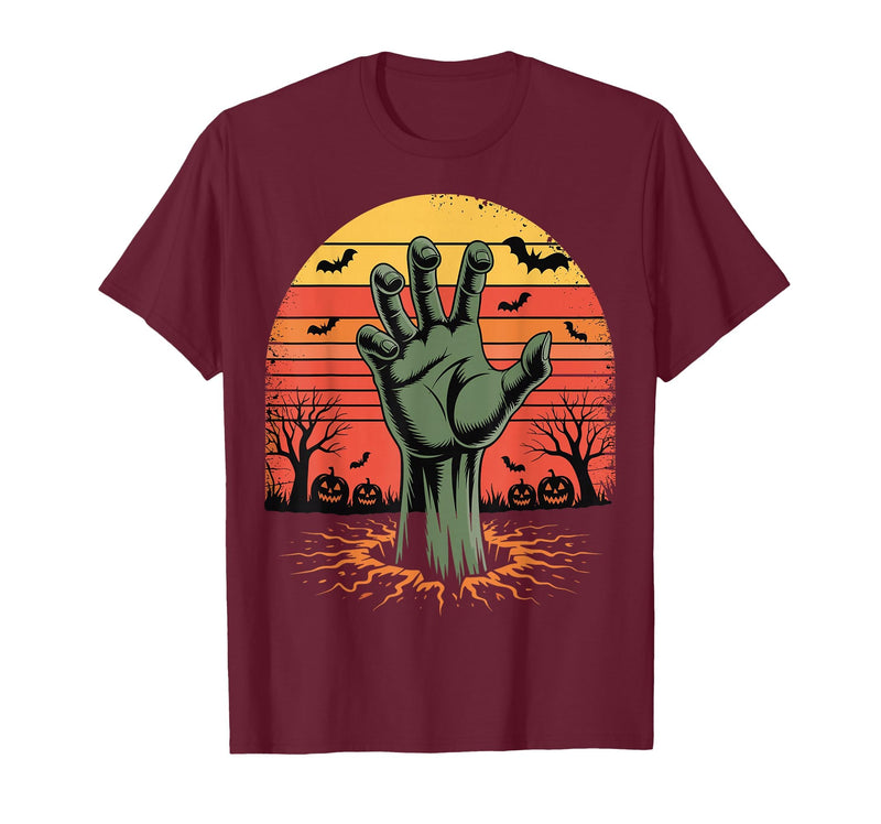 Creepy Undead Zombie Hand Retro Sunset Scary Zombie Hand Retro Sunset Halloween Horror Tee T-Shirt - Burgundy