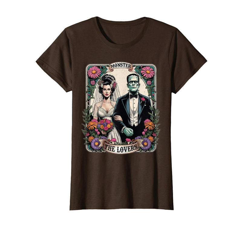 The Lovers Tarot Card Spooky Halloween Women Men The Monster Frankenstein and Bride The Lovers Tarot Card T-Shirt - Brown