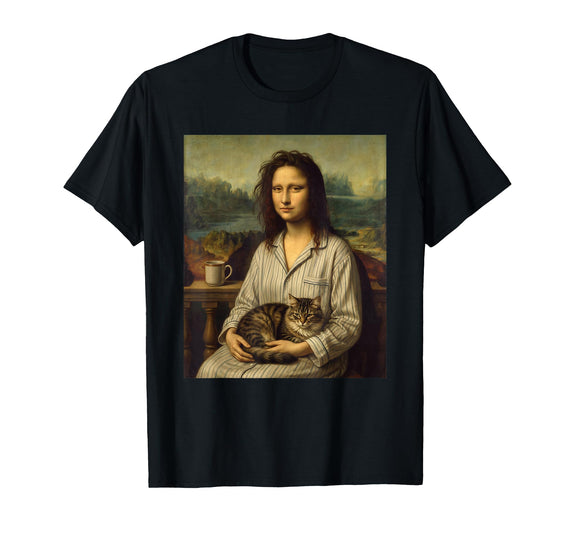 Funny Mom Cat Art Parody Designs Mona Lisa Cat Mom Pajamas Funny Art Parody Coffee Tea T-Shirt - Black