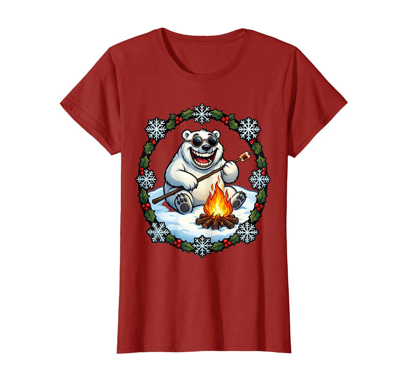 Mademark Polar Bear Sunglasses Roasting Marshmallow Christmas T-Shirt - Cranberry Red