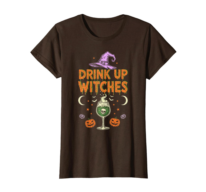Funny Halloween Tees for Men Women Kids. Drink Up Witches Purple Hat Funny Halloween Men Women T-Shirt - Brown