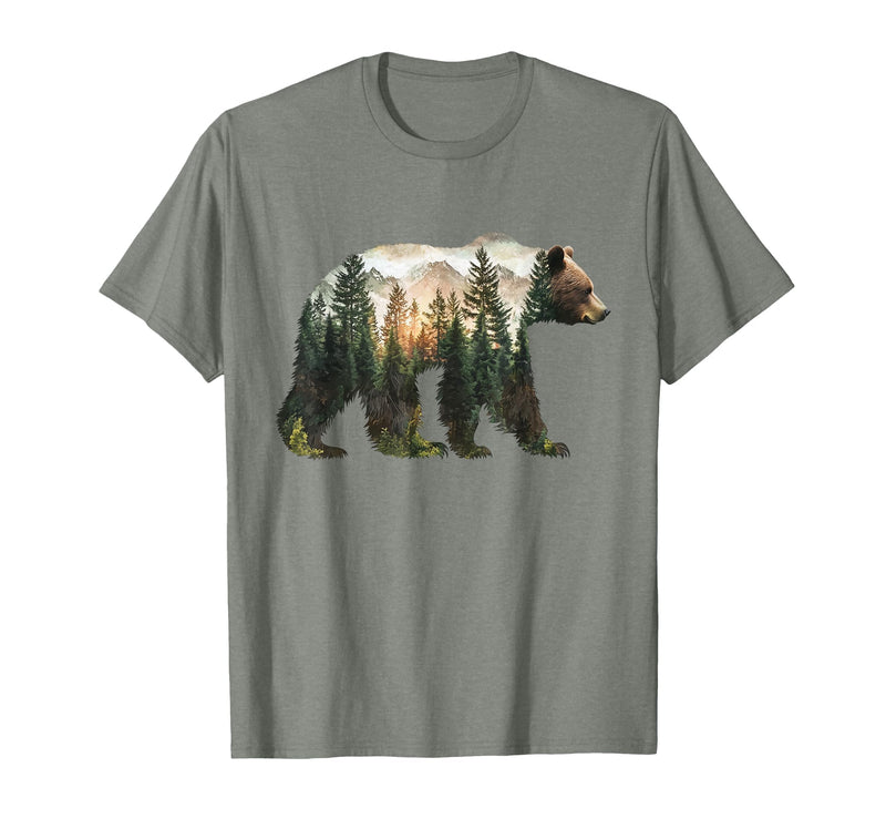 Bear Designs. Bear Forest Mountains Trees Nature Sunset Outdoor Graphic T-Shirt - Olive Heather