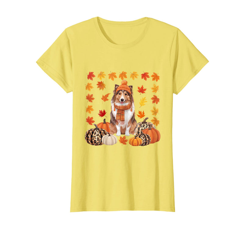 Shetland Sheepdog Sheltie Shop Sheltie Shetland Sheepdog Pumpkins Fall Leaves Halloween T-Shirt - Lemon Yellow
