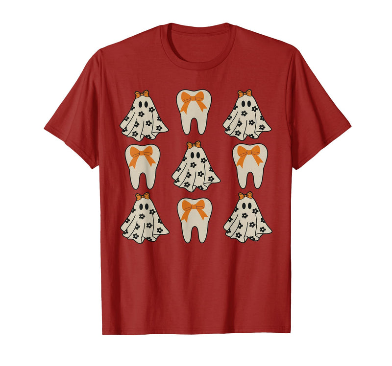 Dentist Dental Halloween Costume Tee Gifts Floral Ghost Teeth Dental Dentist Halloween Costume T-Shirt - Cranberry Red