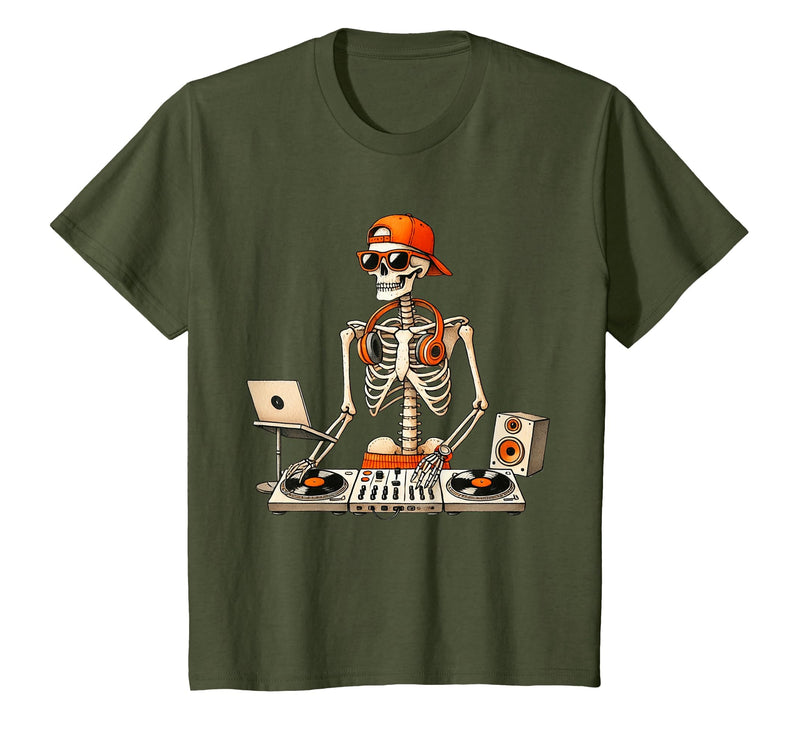 Funny Skeleton DJ Halloween Men Outfit Skeleton DJ Halloween Costume Turntable Music Funny Men Boys T-Shirt - Olive Green