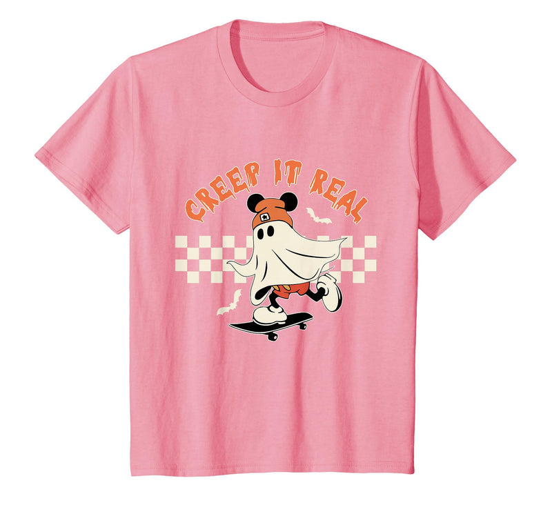 Halloween Creep it Real Vintage Ghost CKTEE2 Vintage Halloween Creep It Real Mouse Ghost Boy Fall Season T-Shirt - Pink