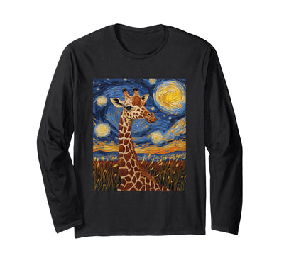Giraffe Africa Van Gogh Style Starry Night Cute Graphic Long Sleeve T-Shirt - Adult Unisex
