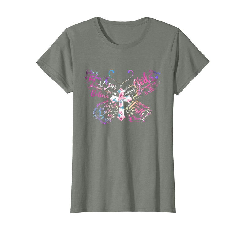 Butterfly Prayer Graphic Jesus Christian Cross Butterfly Prayer Jesus Christian Cross Floral Pattern T-Shirt - Olive Heather