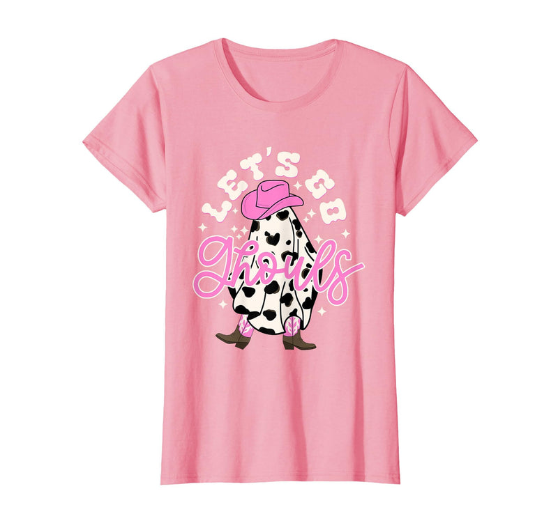Let's Go Ghouls Cow Print Halloween Costumes Let's Go Ghouls Cowgirl Western Spooky Halloween Cute Retro T-Shirt - Pink