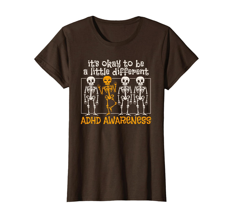 Orange Ribbon ADHD Awareness clothing Halloween Skeleton ADHD Awareness T-Shirt - Brown