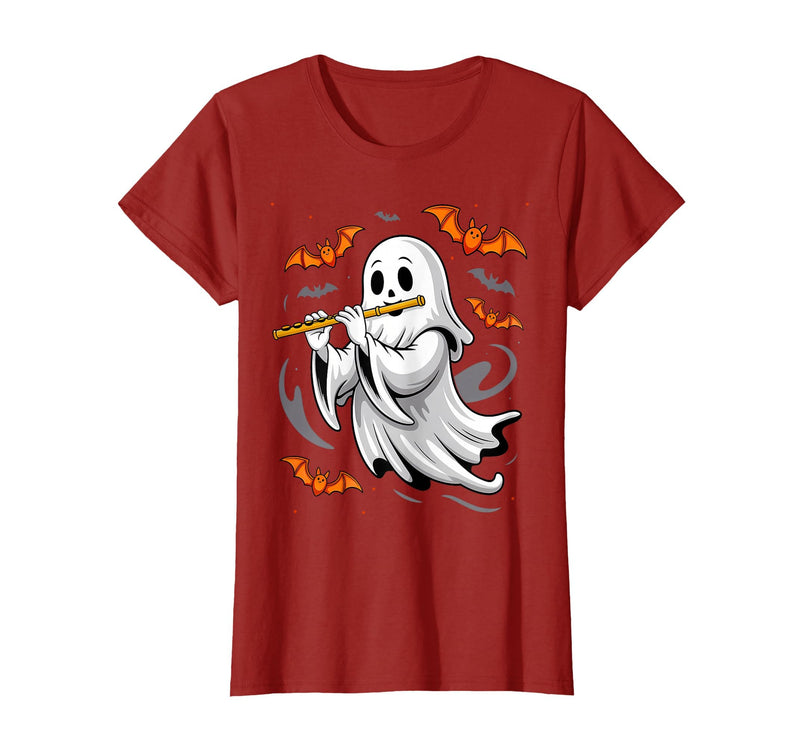 Ghost Halloween Lover Gift Co. Boo Ghost Playing Flute Halloween Musical Instrument T-Shirt - Cranberry Red
