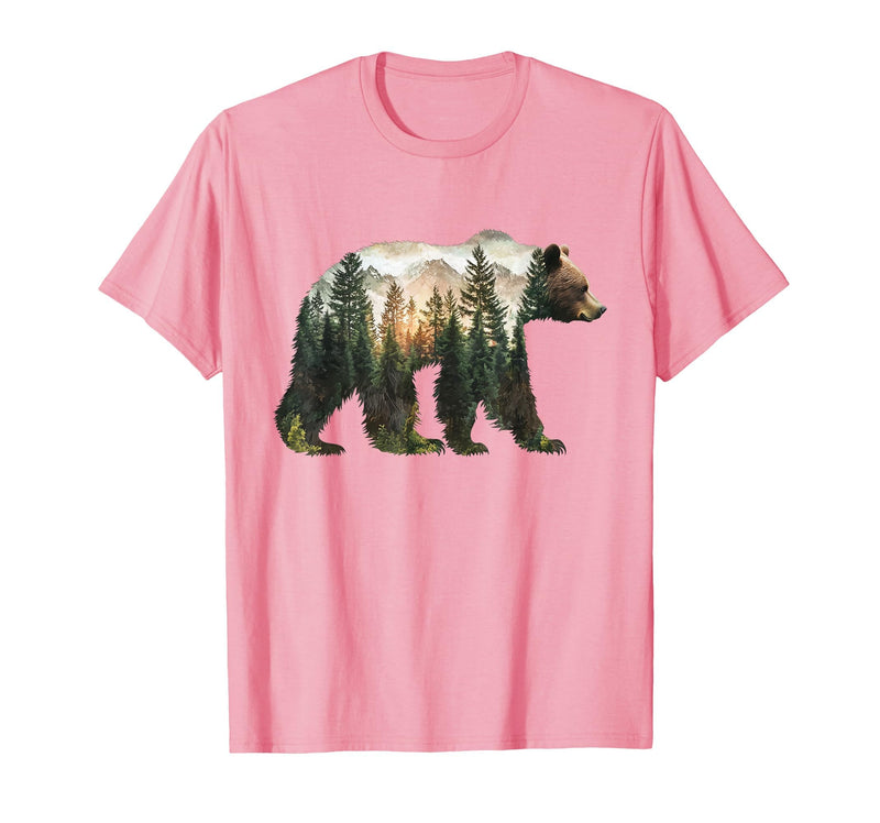 Bear Designs. Bear Forest Mountains Trees Nature Sunset Outdoor Graphic T-Shirt - Pink
