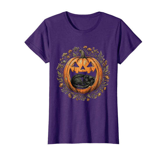 Mademark Black Cat in Carved Pumpkin Halloween Design T-Shirt - Purple
