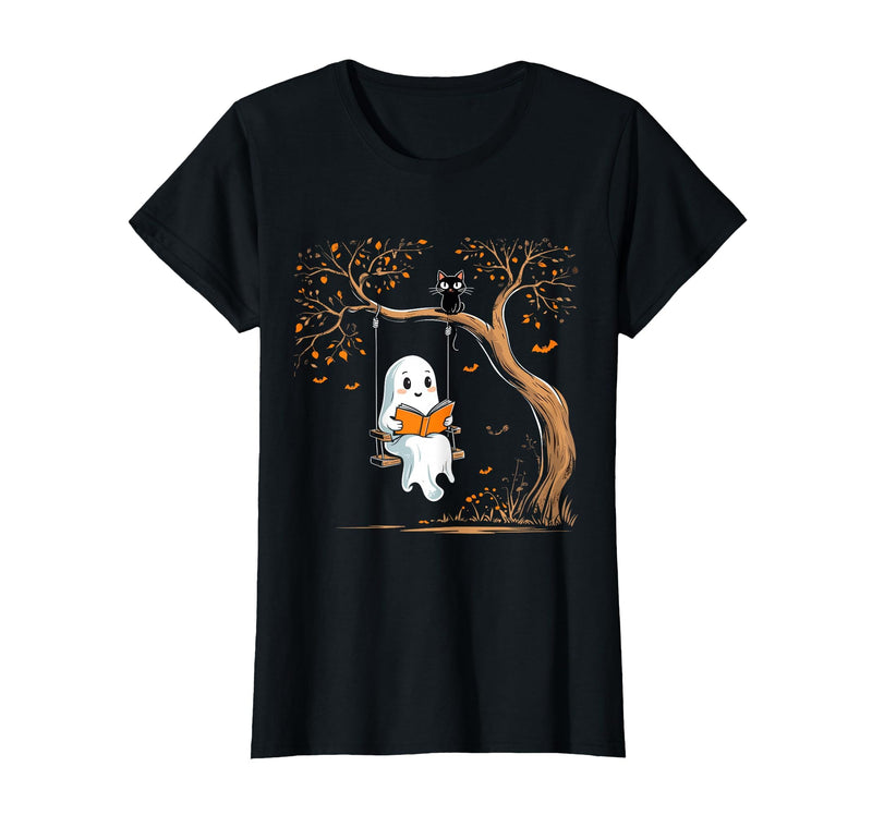 Halloween Ghost Swing Reading Vintage Ghost Swing Reading Book Swinging Halloween Costume T-Shirt - Black