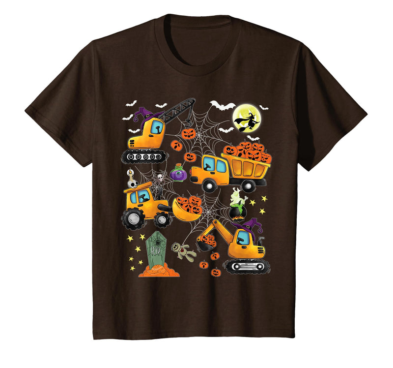 Kids Fun Construction Vehicle Halloween spider web Kids Construction Vehicle Halloween Crane Truck Pumpkin Boys T-Shirt -