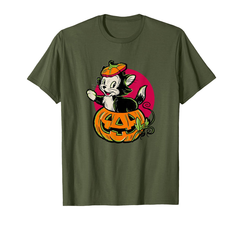 Disney Pinocchio Halloween Figaro Inside A Pumpkin Retro T-Shirt - Olive Green