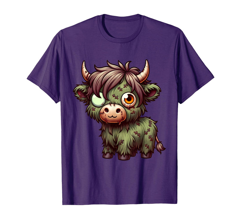 Cute Highland Cow Zombie Halloween Designs Highland Cow Zombie Halloween Farm Animal Women Girls T-Shirt - Purple