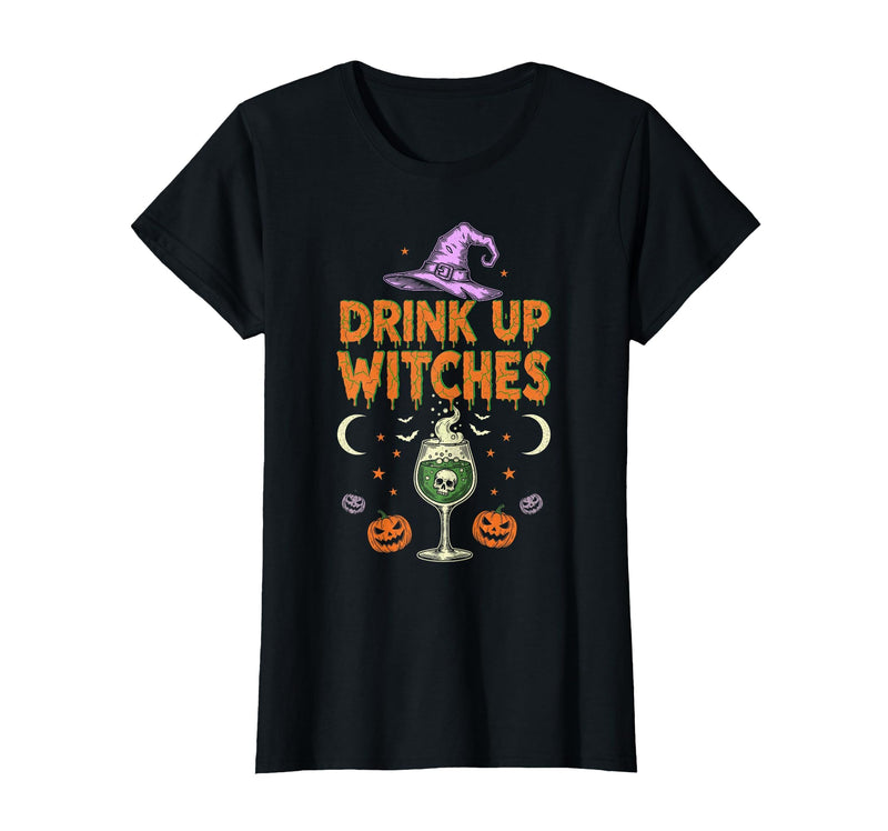 Funny Halloween Tees for Men Women Kids. Drink Up Witches Purple Hat Funny Halloween Men Women T-Shirt - Black