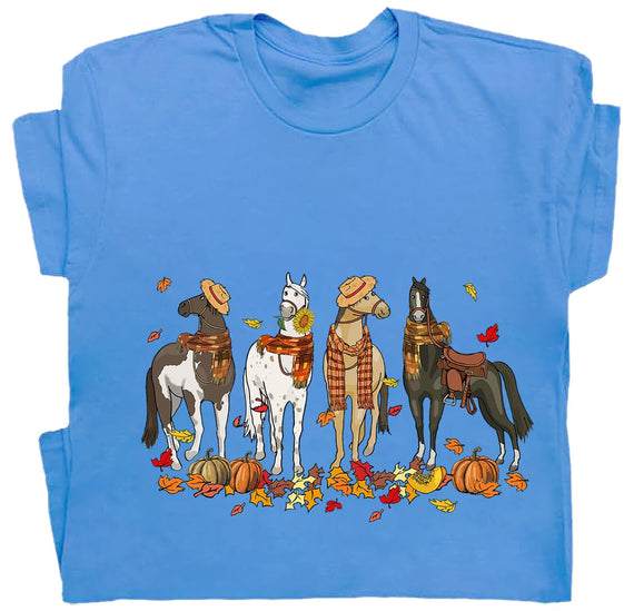 Niaday Fall Horse Shirt Men Women Graphic Short Sleeve T-Shirt Tee, Fall Season Horses Horse Lover Shirt - Carolina Blue
