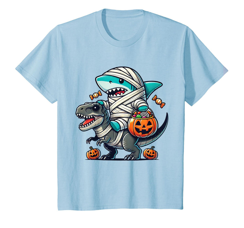 Funny Shark Dinosaur Halloween Kids Boys Tees Shark Riding Dinosaur T-rex Funny Halloween Pumpkin Boys Kid T-Shirt - Baby