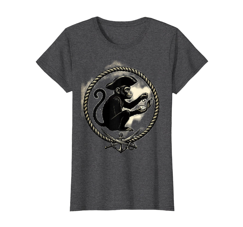 Mademark Pirate Monkey with Stolen Pocket Watch Design T-Shirt - Women - Dark Heather Grey