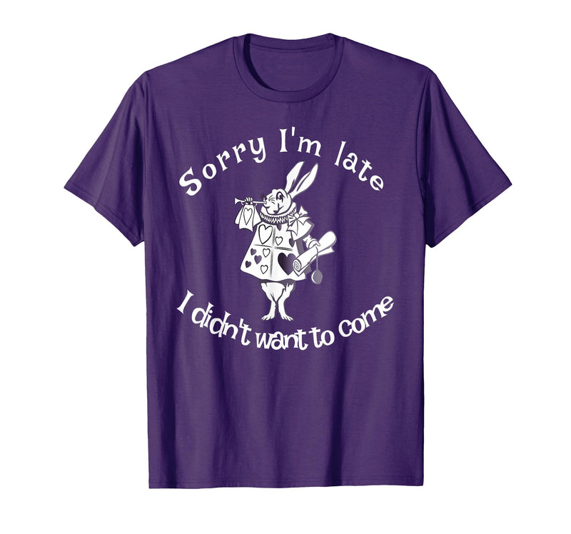 Sorry I'm Late, I Didn't Want to Come White Rabbit Watch T-Shirt in Purple