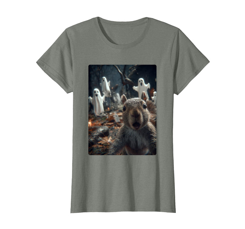 Funny Halloween Animals Selfies Clothing Funny Squirrel Selfie with Ghosts Haunted Forest Halloween T-Shirt - Olive Heather