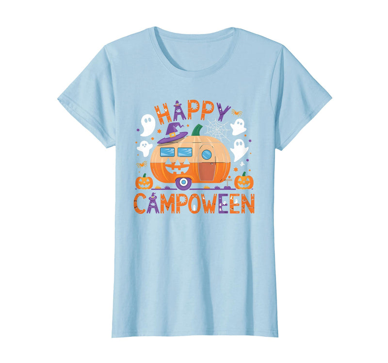 Spooky Camp-O-Ween Ghosts and Campfire Apparel Happy Camp-O-Ween Halloween Camping Ghosts and Campfires T-Shirt - Baby Blue