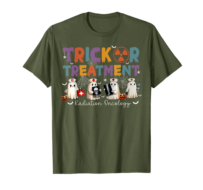 Radiation Oncology Therapist Halloween Costume Trick Or Treatment Radiation Oncology Halloween Rad Therapy T-Shirt - Olive
