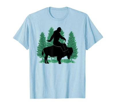Bison Fluffy Cows Bigfoot Lover Funny Bigfoot Riding a Bison T-Shirt