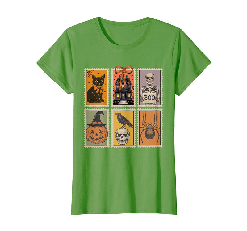 Halloween Stamp Cute Ghost Cute Fall Apparel Vintage Halloween Stamp Cute Ghost Pumpkin Cat Retro Fall T-Shirt - Grass Green