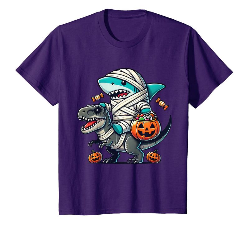 Funny Shark Dinosaur Halloween Kids Boys Tees Shark Riding Dinosaur T-rex Funny Halloween Pumpkin Boys Kid T-Shirt - Purple