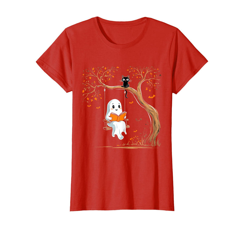 Halloween Ghost Swing Reading Vintage Ghost Swing Reading Book Swinging Halloween Costume T-Shirt - Red
