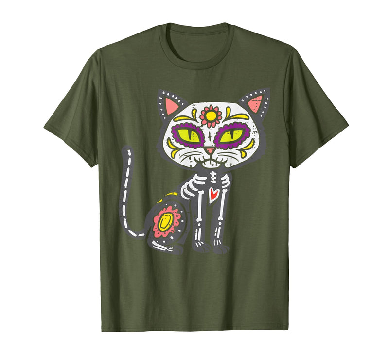 Halloween Cat Shirts For Women Men Kids Owner Sugar Skull Cat Dia De Muertos Day of Dead Halloween Mexican T-Shirt - Olive