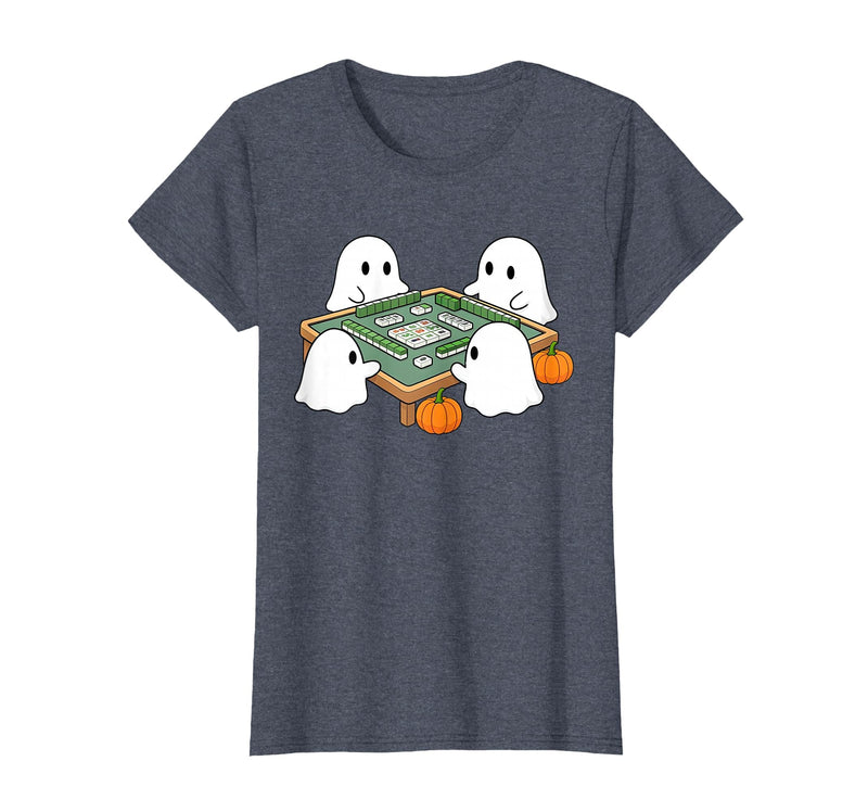 Mahjong Player Halloween Ghost Playing Mahjong Halloween Ghost Playing Mahjong Spooky Season Game Day Fall T-Shirt - Heather