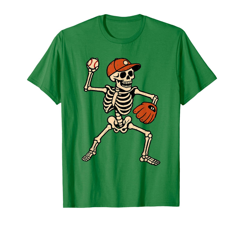 Funny Skeleton Baseball Tee Skeleton Baseball Halloween Costume Pitcher Sport Player T-Shirt - Kelly Green