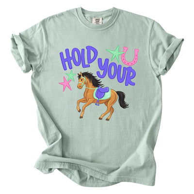 FITIN Horse Graphic Illustration Vintage T-Shirt, Cozy Apparel Crewneck | Running Horse Graphic, Saddle, Stars, Horseshoe, Hold Your Typography, Garment-Dyed Tee, Western Casual Wear