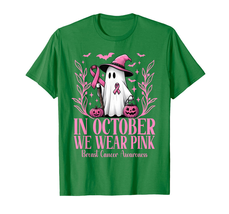 Arich.Tee's Breast Cancer Awareness Ghost in October We Wear Pink Breast Cancer Witch Ghost Halloween T-Shirt - Kelly Green