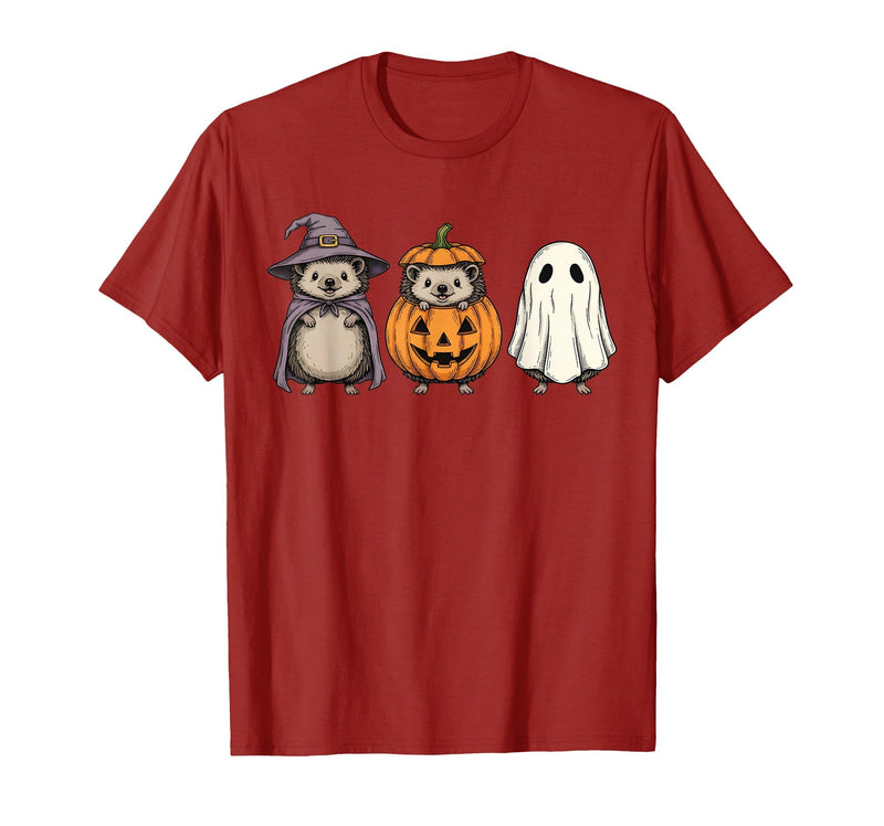Funny Retro Hedgehog Halloween Witch Spooky Ghost Hedgehog Lover Pumpkin Halloween T-Shirt - Cranberry Red