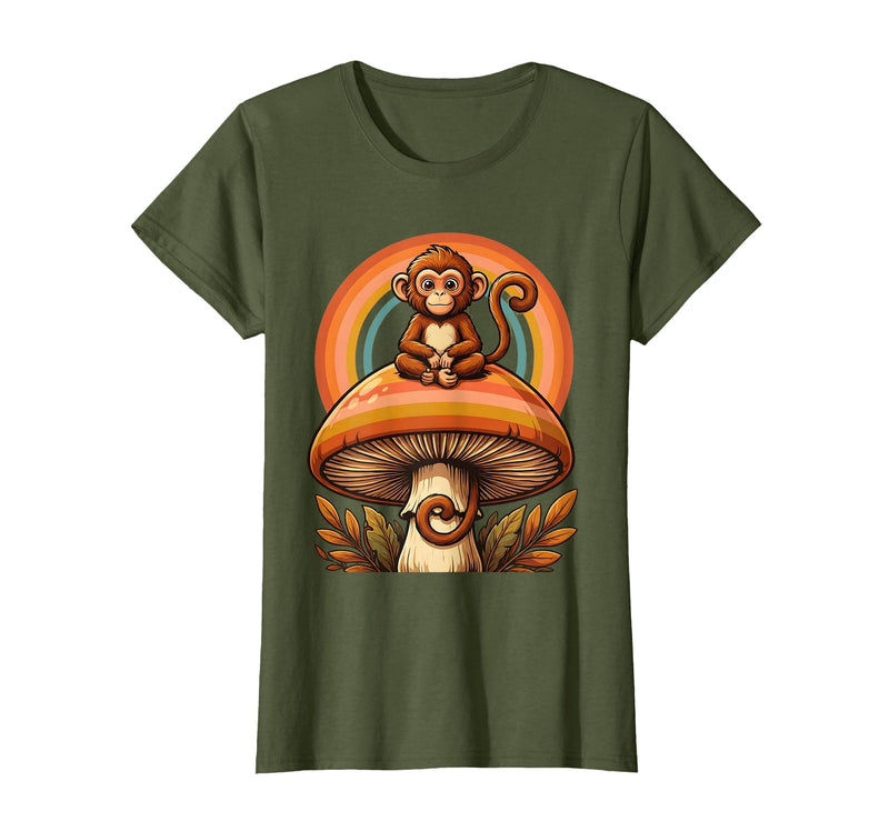 Mademark Monkey Perched on Giant Mushroom Illustration T-Shirt - Women - Olive Green