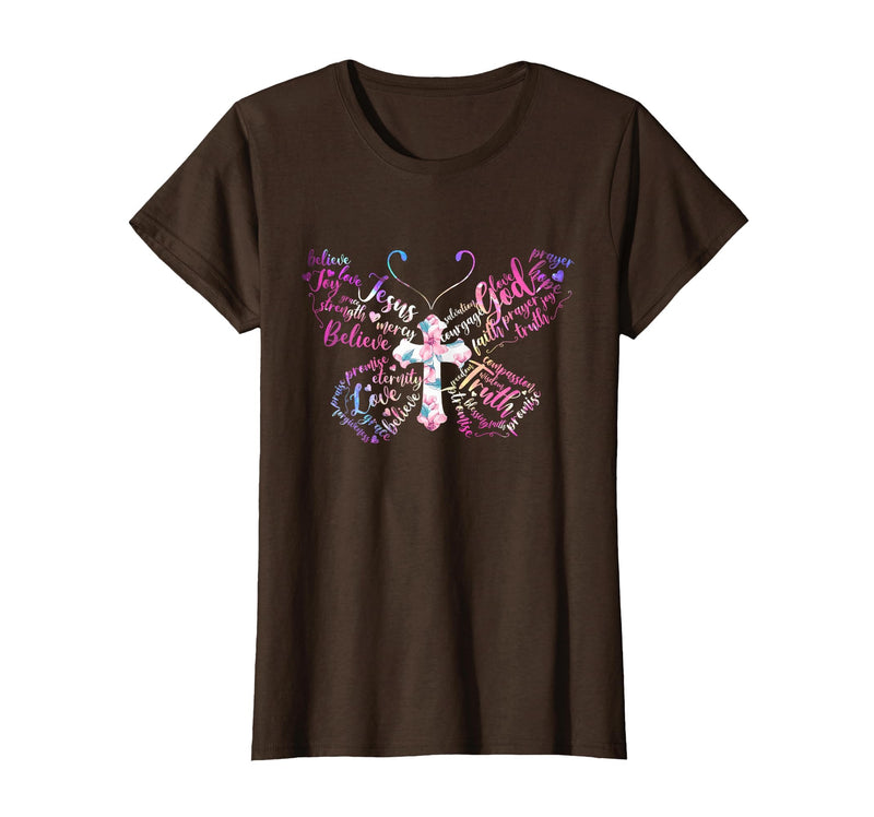 Butterfly Prayer Graphic Jesus Christian Cross Butterfly Prayer Jesus Christian Cross Floral Pattern T-Shirt - Brown