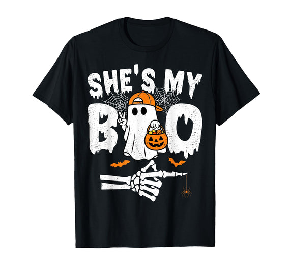Funny Couples Halloween Matching Couple Outfits He's My Boo Matching Couple Halloween Couples She's My Boo T-Shirt - Black