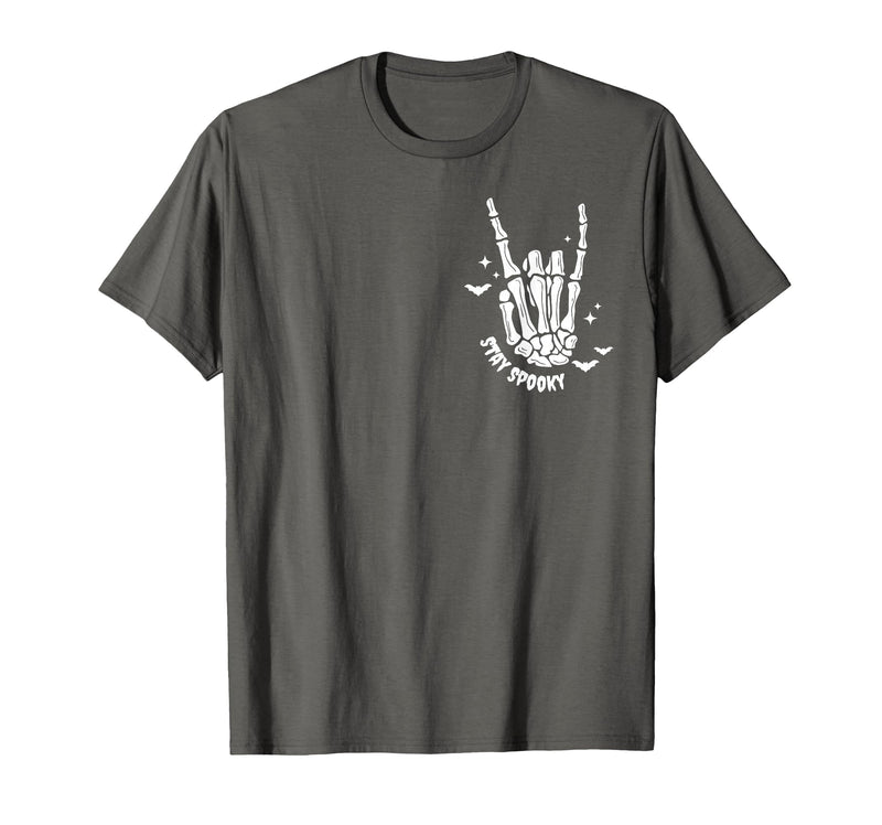 Funny Skeleton Halloween Vintage Stay Spooky Hand Skeleton Happy Halloween Pocket T-Shirt - Asphalt Grey