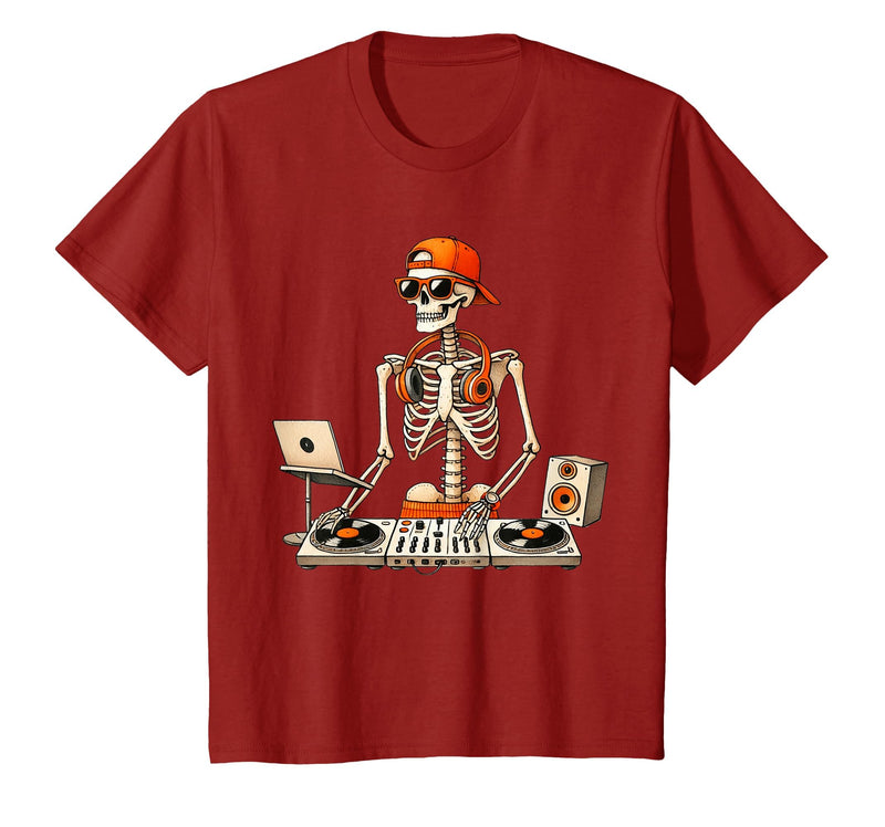 Funny Skeleton DJ Halloween Men Outfit Skeleton DJ Halloween Costume Turntable Music Funny Men Boys T-Shirt - Cranberry Red