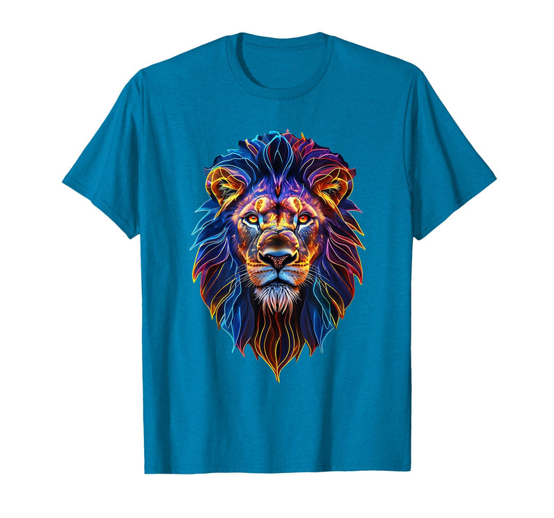 Psychedelic Jungle Glow Animal Art Glow Lion Head Art Psychedelic Jungle Animal Face T-Shirt - Sapphire Blue