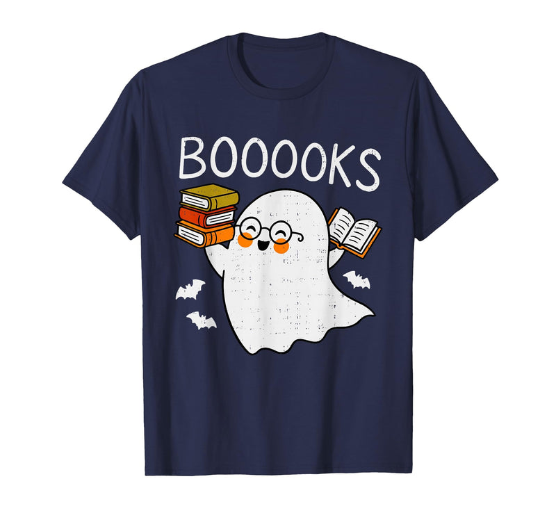 Halloween Tees for Women Men Kids Booooks Ghost Reading Halloween Library Librarian Teacher T-Shirt - Navy Blue