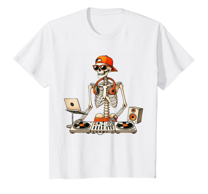 Funny Skeleton DJ Halloween Men Outfit Skeleton DJ Halloween Costume Turntable Music Funny Men Boys T-Shirt - White